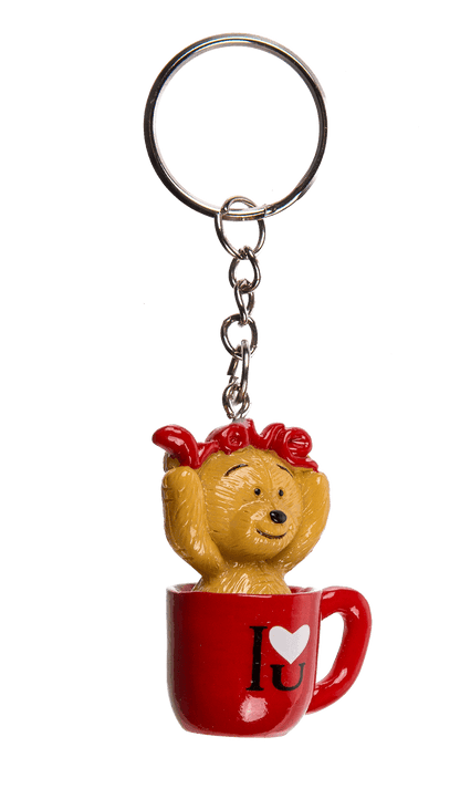 Metal keyring, polyresin bear in mug,