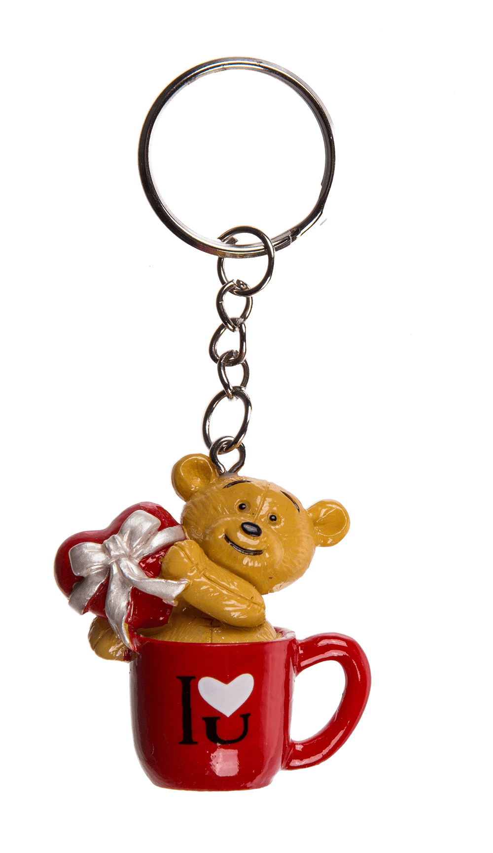 Metal keyring, polyresin bear in mug,
