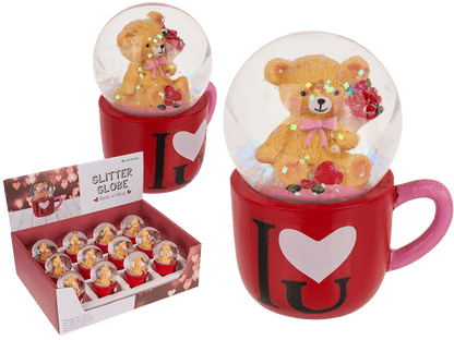 Polyresin glitter globe, bear in mug,