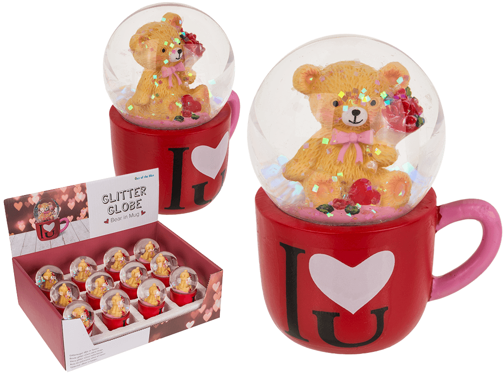Polyresin glitter globe, bear in mug,