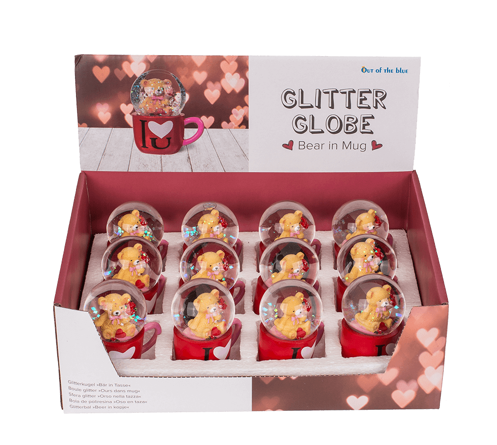 Polyresin glitter globe, bear in mug,