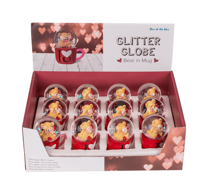 Polyresin glitter globe, bear in mug,