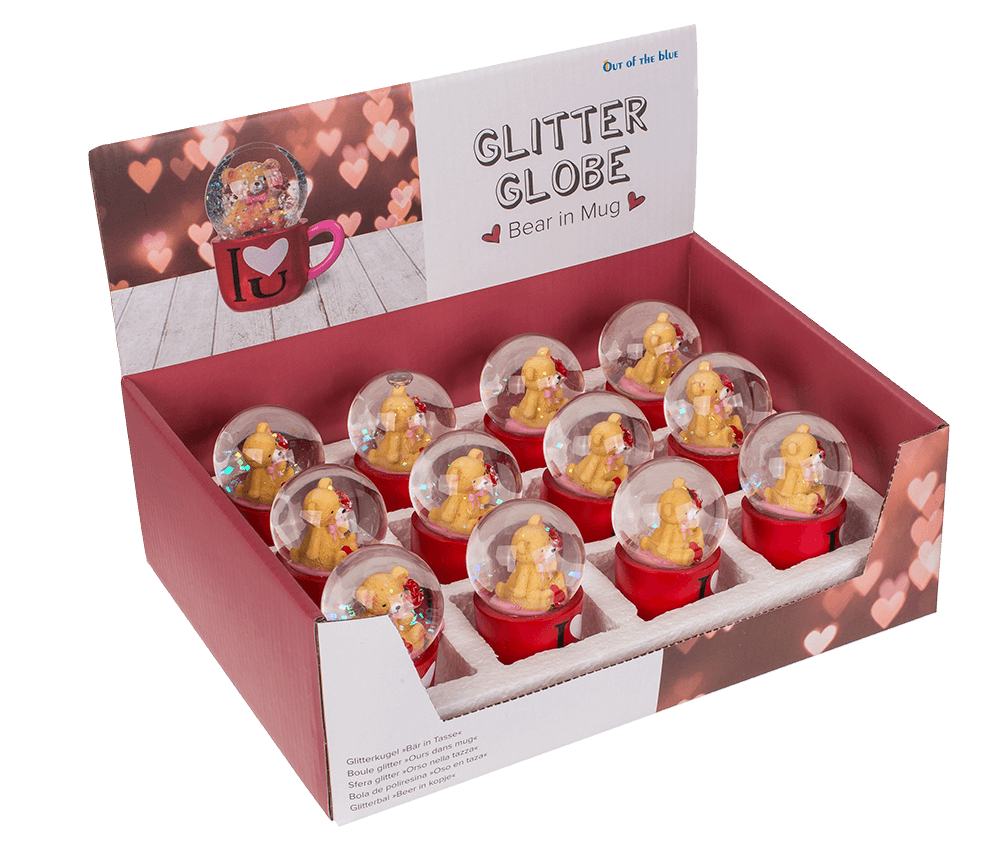 Polyresin glitter globe, bear in mug,