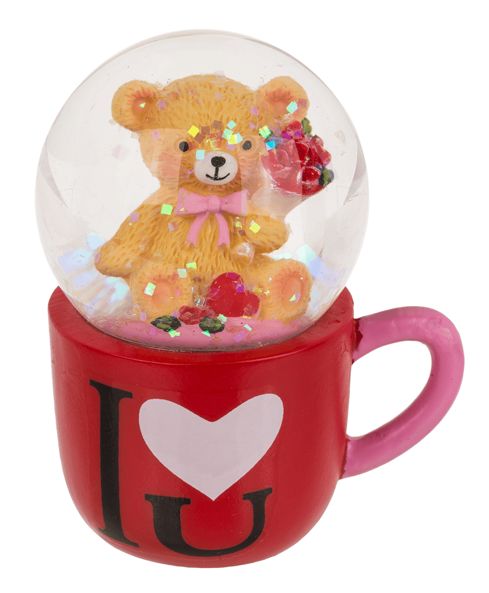 Polyresin glitter globe, bear in mug,