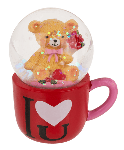 Polyresin glitter globe, bear in mug,