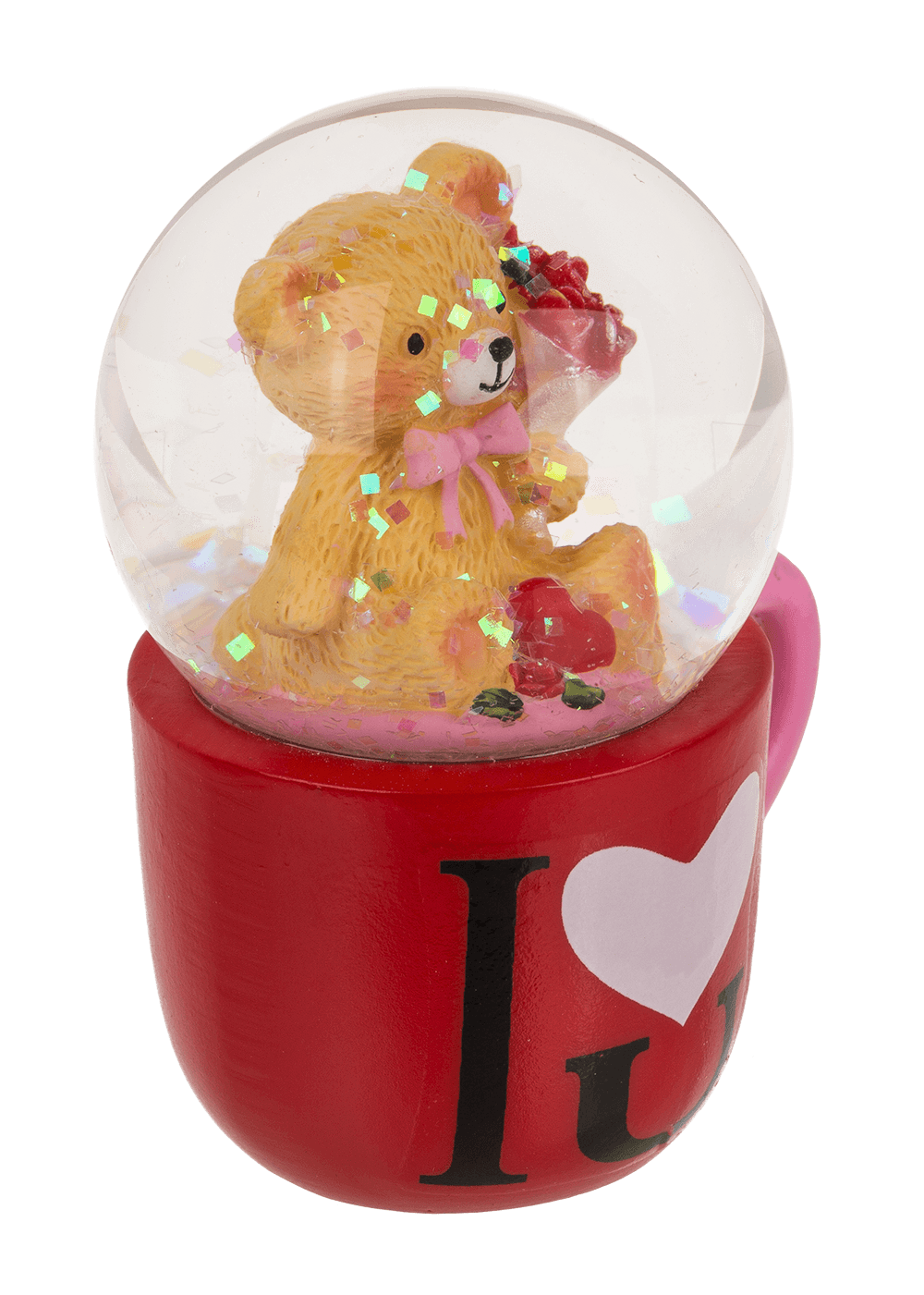 Polyresin glitter globe, bear in mug,