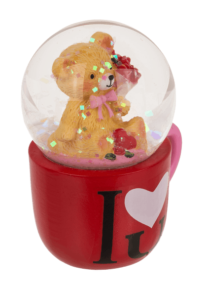 Polyresin glitter globe, bear in mug,
