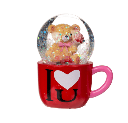 Polyresin glitter globe, bear in mug,