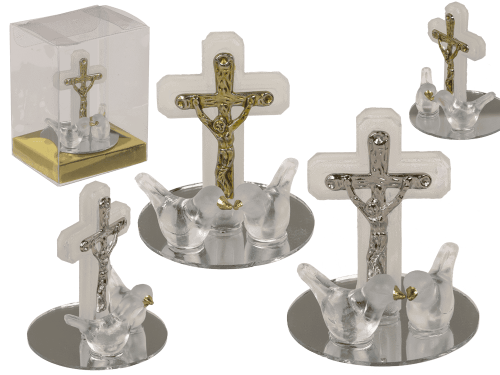Glass cross with doves, 2 colours ass., 4 x 5 cm,