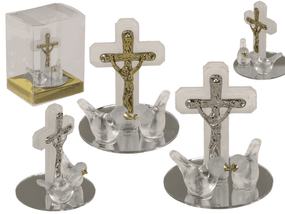 Glass cross with doves, 2 colours ass., 4 x 5 cm,
