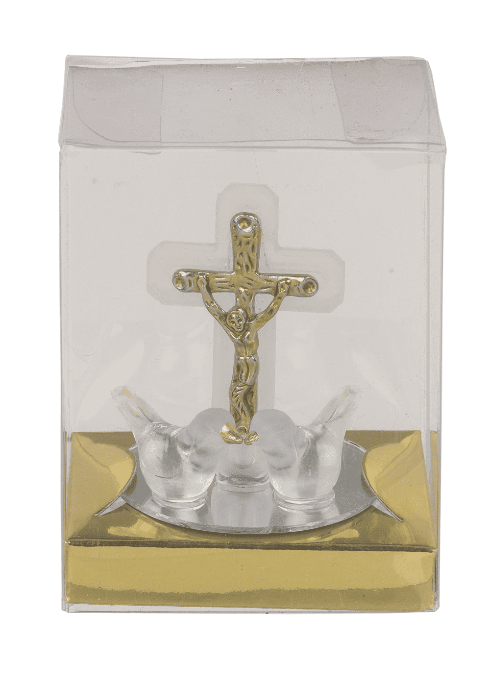 Glass cross with doves, 2 colours ass., 4 x 5 cm,