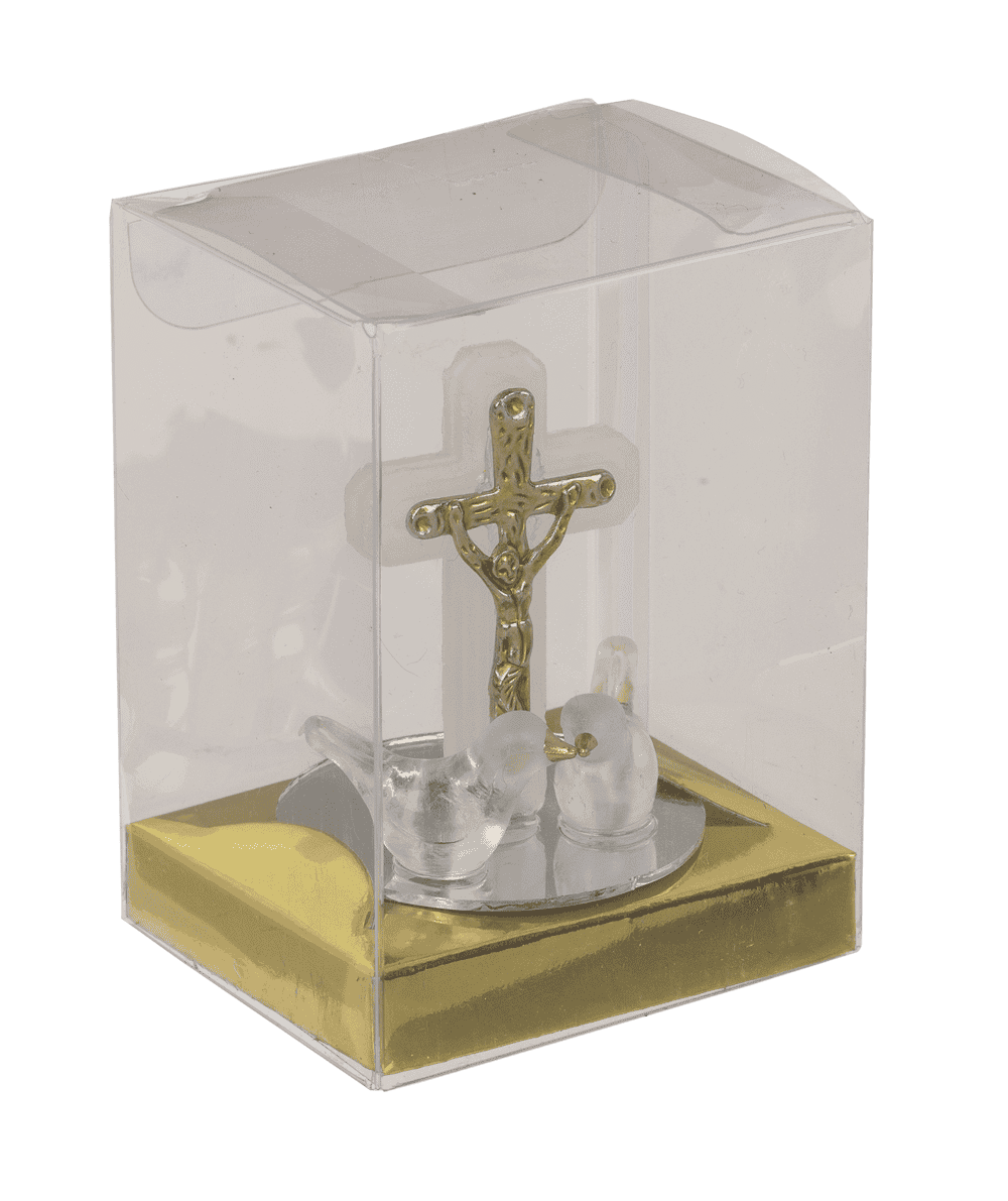 Glass cross with doves, 2 colours ass., 4 x 5 cm,