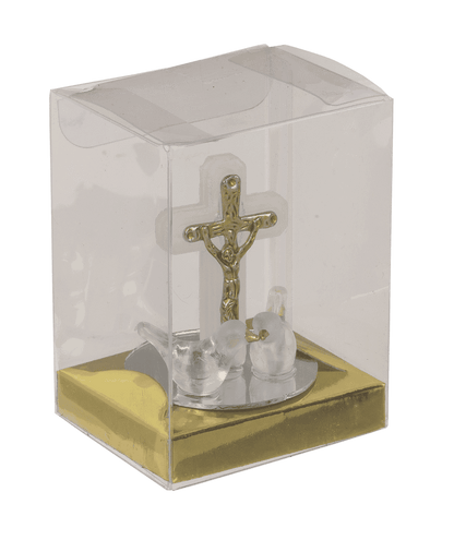 Glass cross with doves, 2 colours ass., 4 x 5 cm,