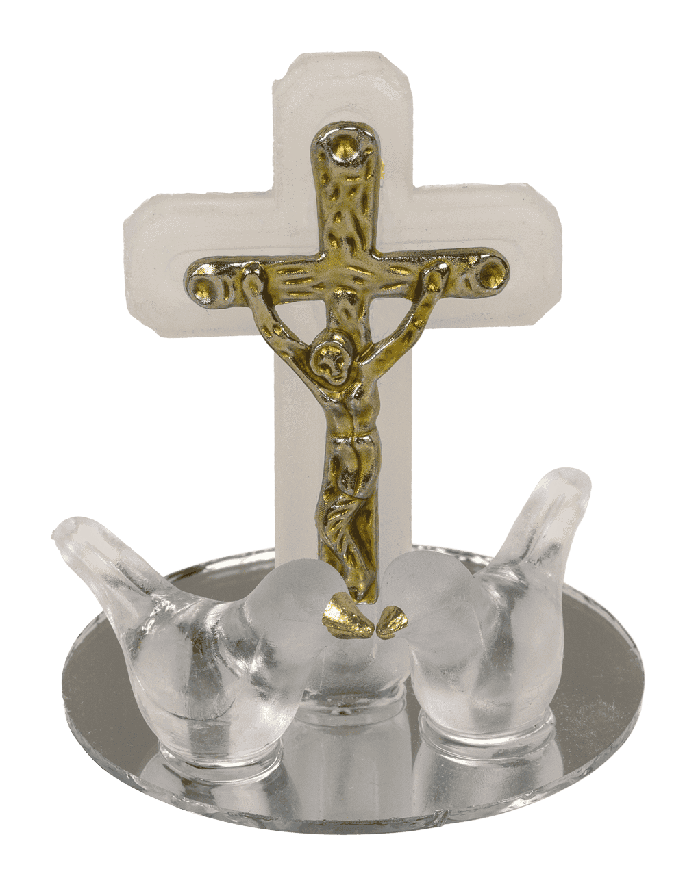 Glass cross with doves, 2 colours ass., 4 x 5 cm,