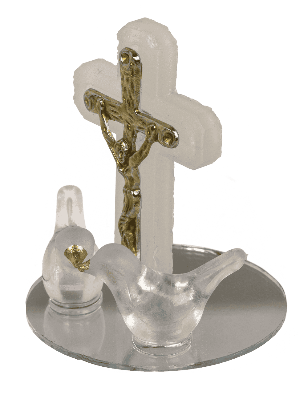 Glass cross with doves, 2 colours ass., 4 x 5 cm,