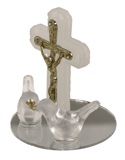 Glass cross with doves, 2 colours ass., 4 x 5 cm,
