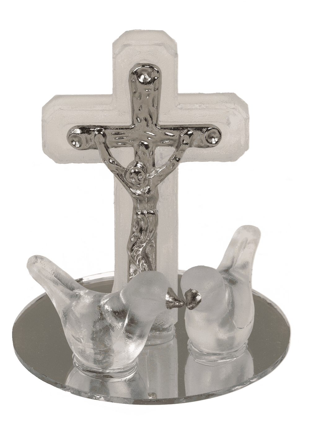 Glass cross with doves, 2 colours ass., 4 x 5 cm,