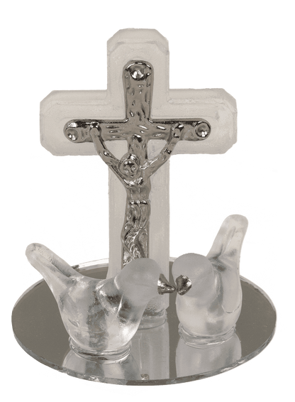 Glass cross with doves, 2 colours ass., 4 x 5 cm,