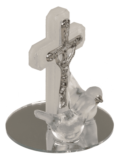 Glass cross with doves, 2 colours ass., 4 x 5 cm,