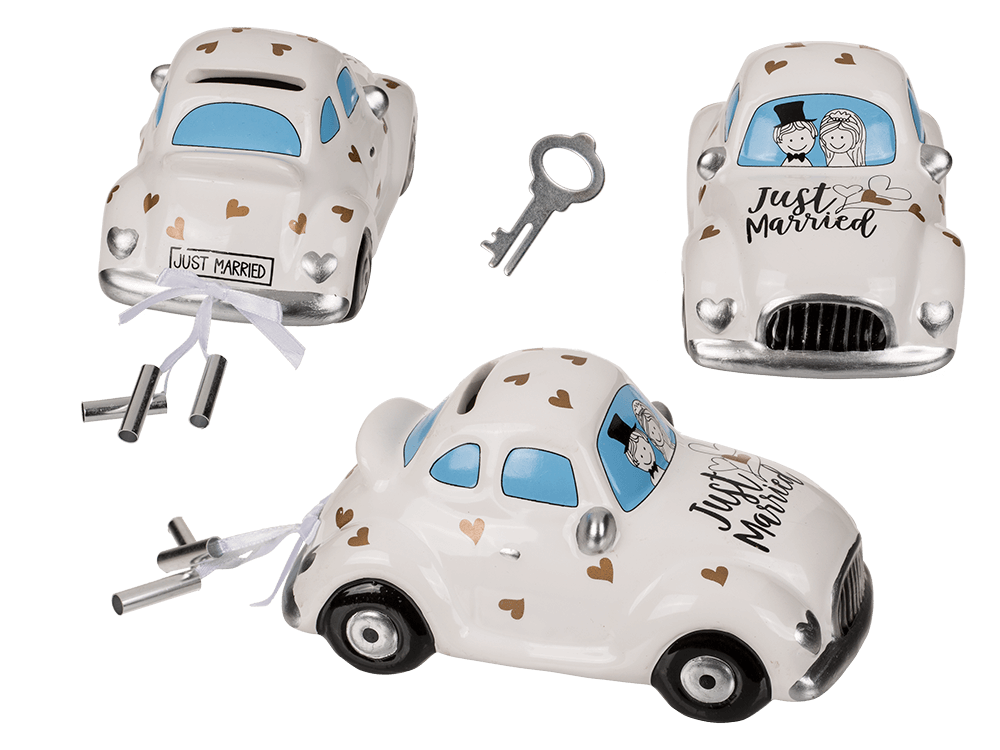 Savings box with lock, wedding car, Just Married,