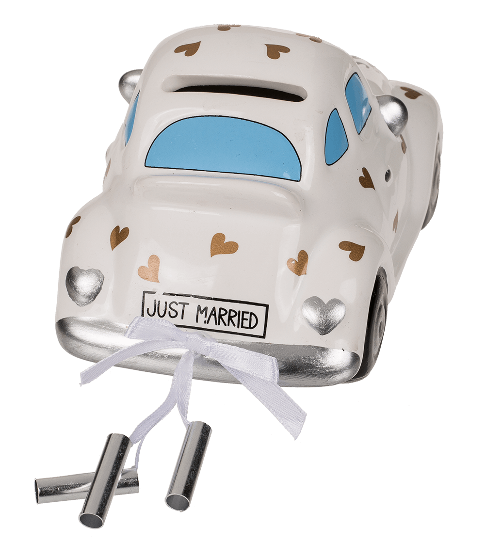 Savings box with lock, wedding car, Just Married,