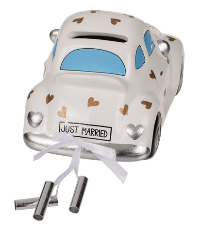Savings box with lock, wedding car, Just Married,