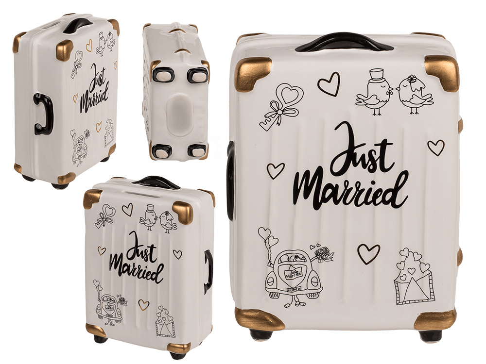Saving bank, trolley suitcase, Just Married,