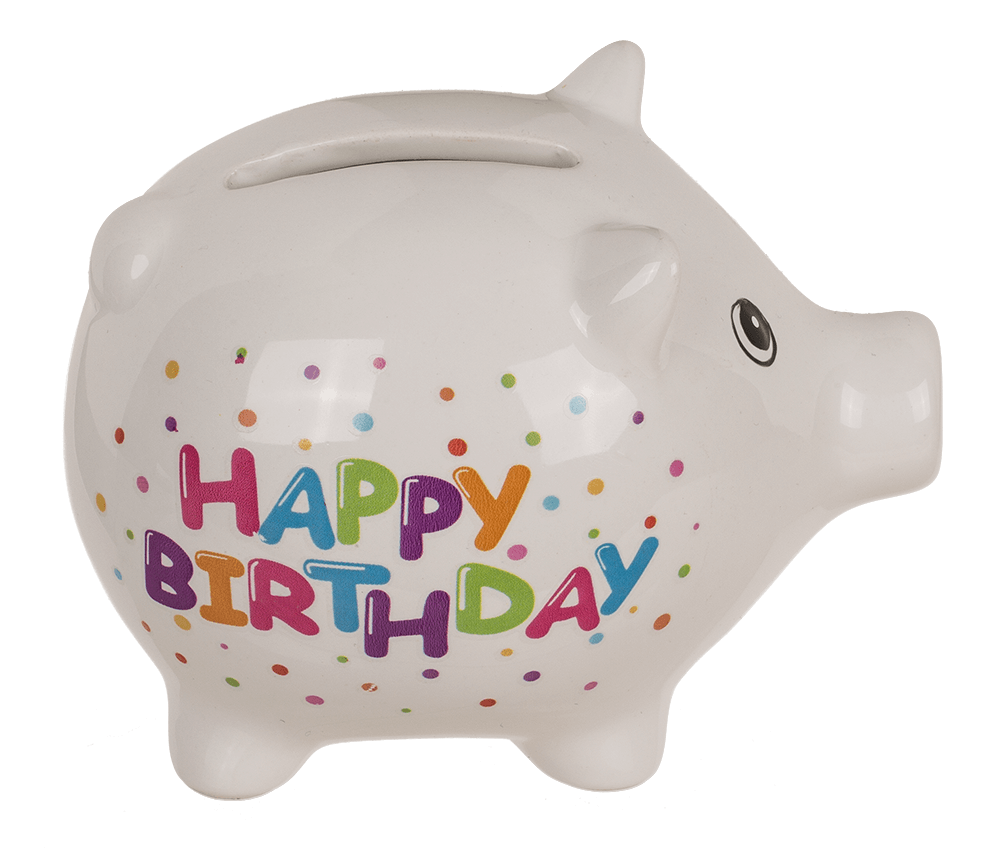 "Happy birthday" Saving bank, ca. 8,8 cm,
