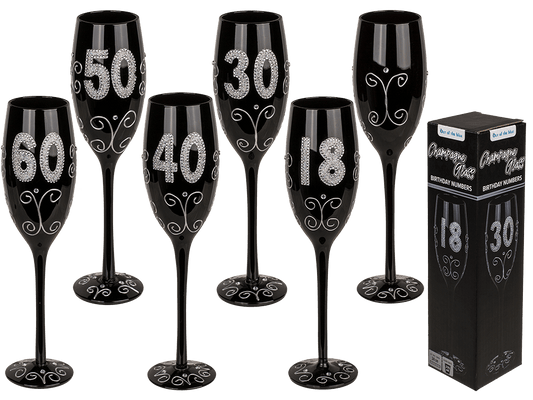 Black champagne glass with silver glitter,