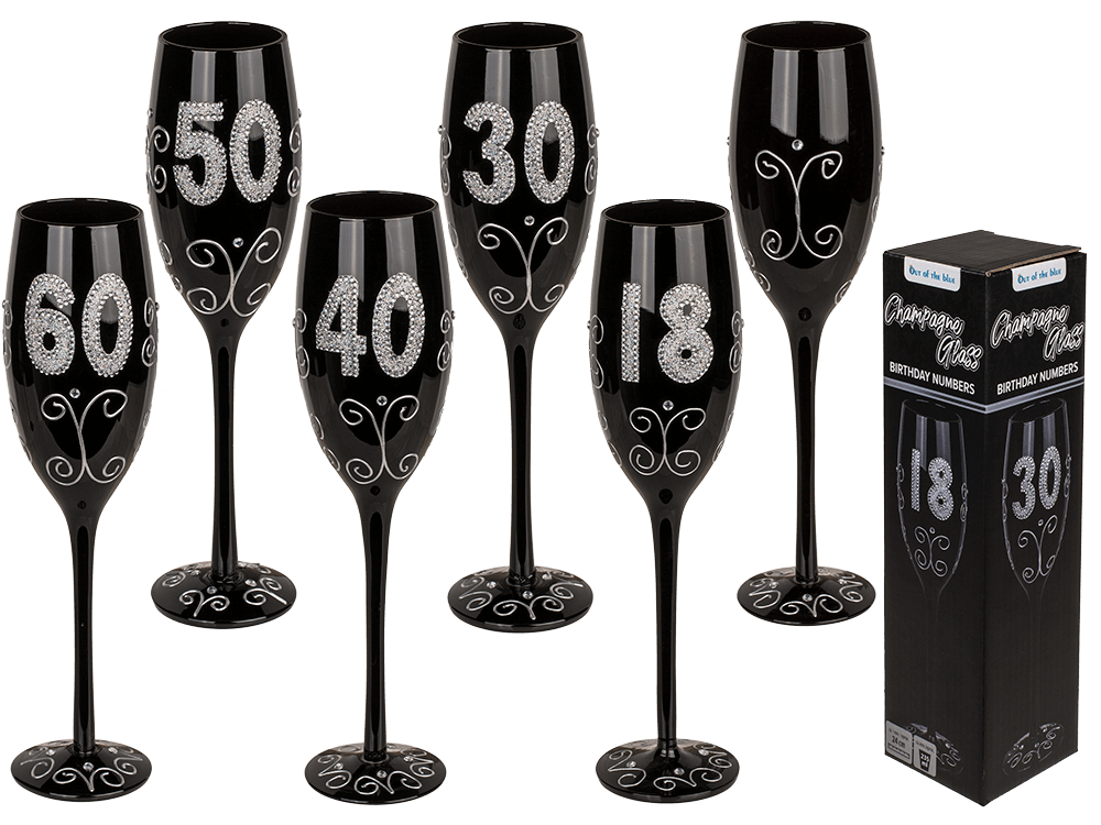 Black champagne glass with silver glitter,