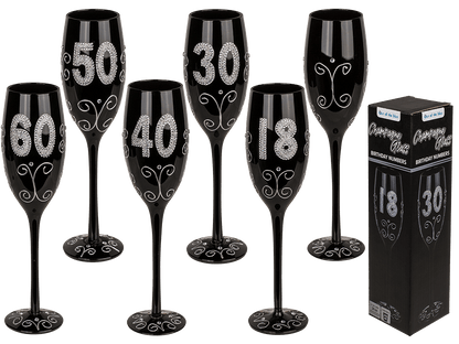 Black champagne glass with silver glitter,