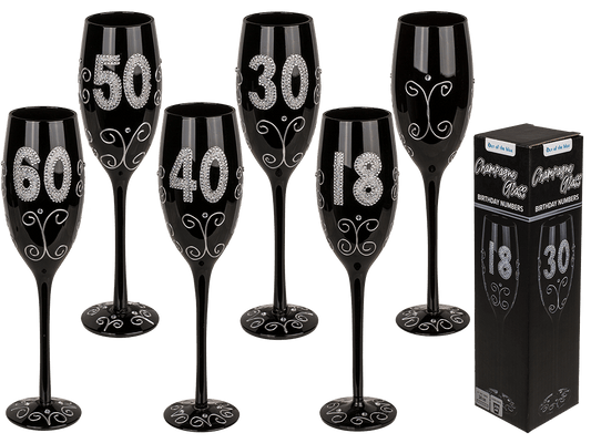 Black champagne glass with silver glitter,