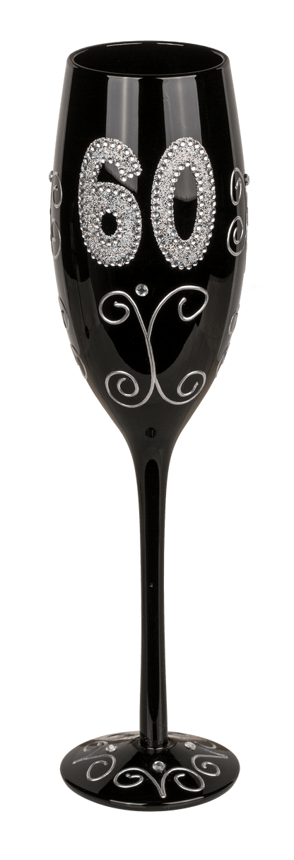 Black champagne glass with silver glitter,