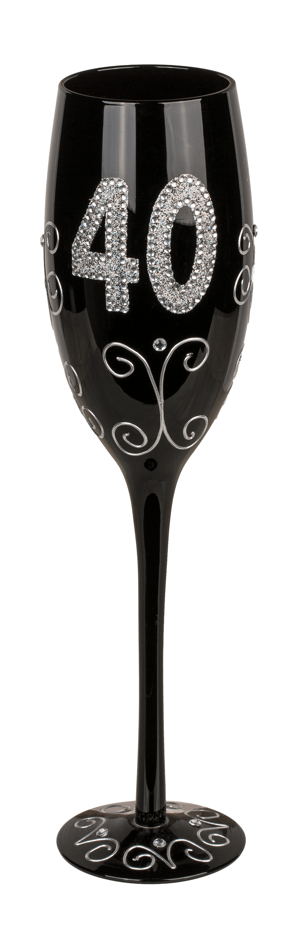Black champagne glass with silver glitter,