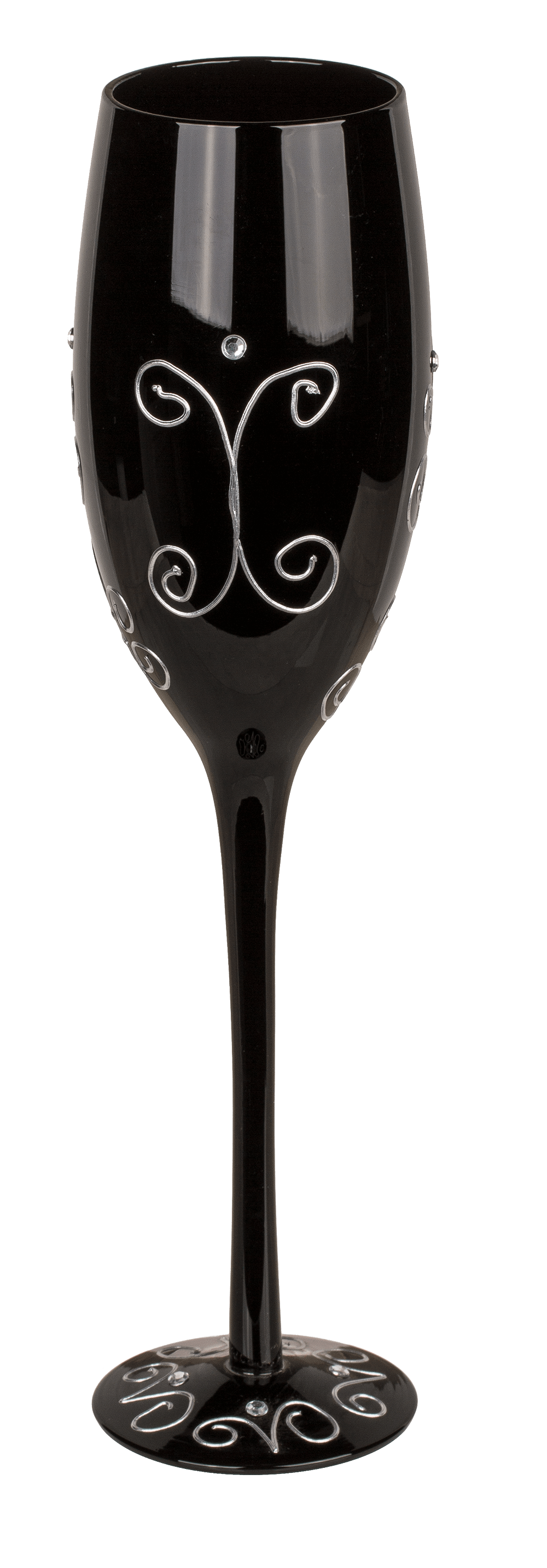 Black champagne glass with silver glitter,