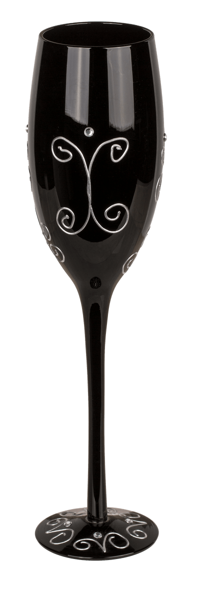Black champagne glass with silver glitter,