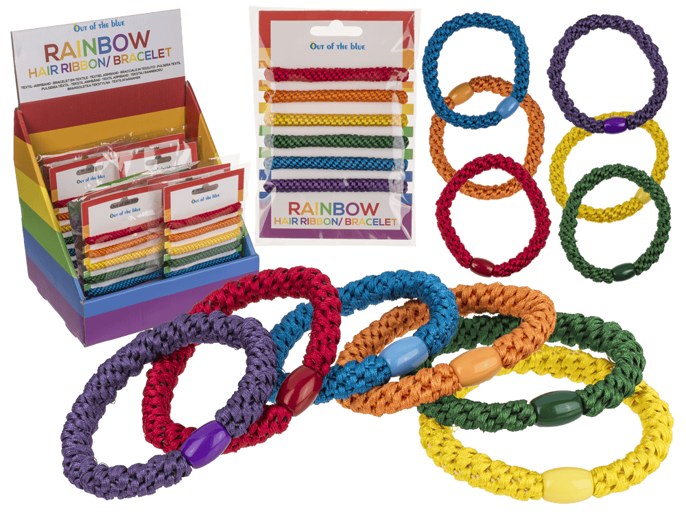 Textile hair ribbon/bracelet, Rainbow colours,