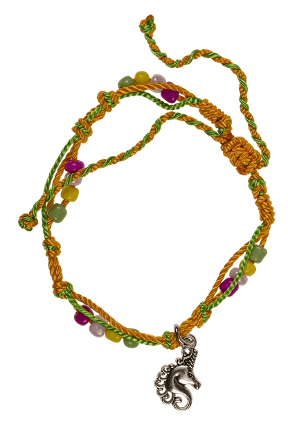 Textile bracelet with glass beads & metal pendant,