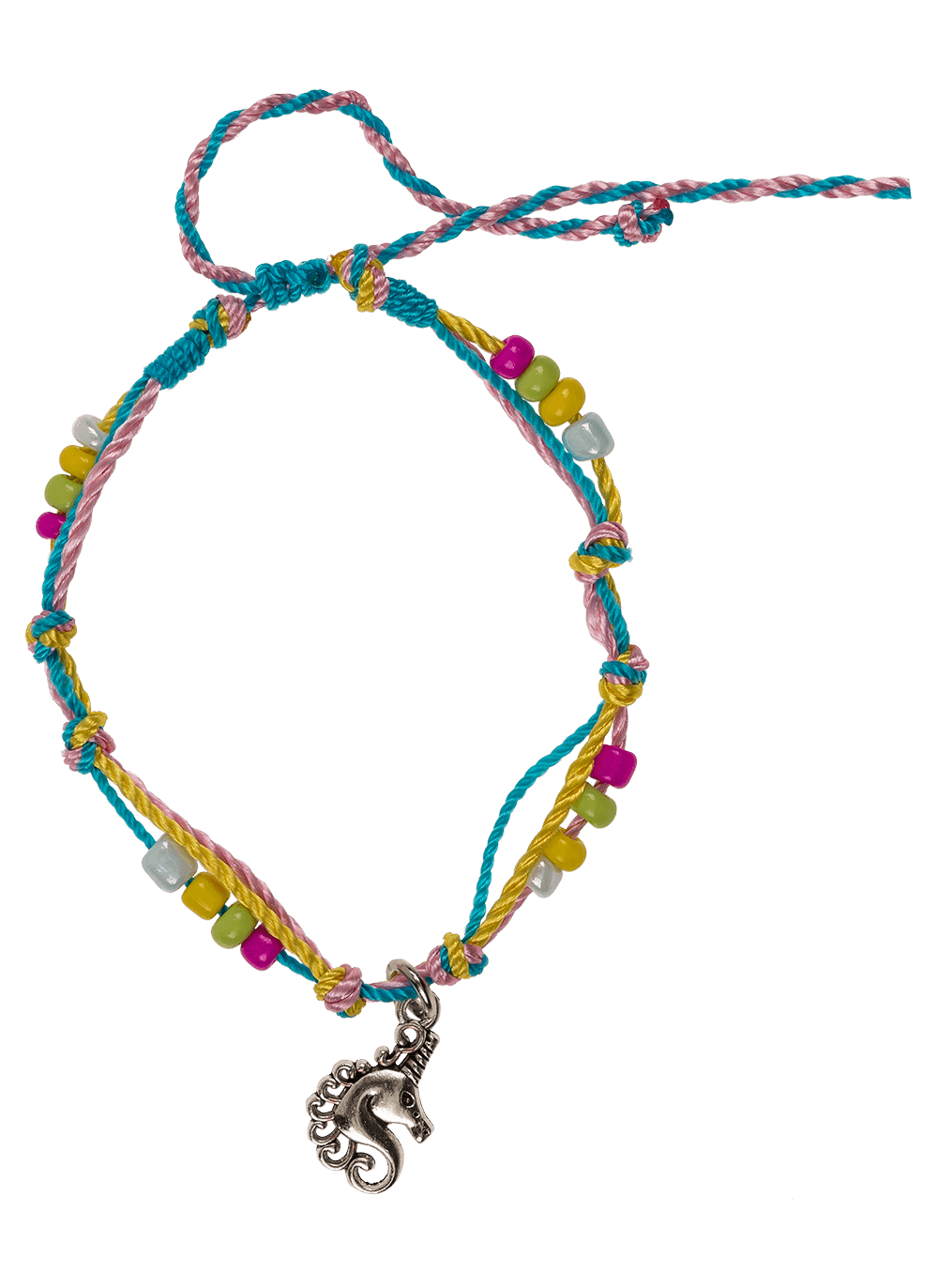Textile bracelet with glass beads & metal pendant,
