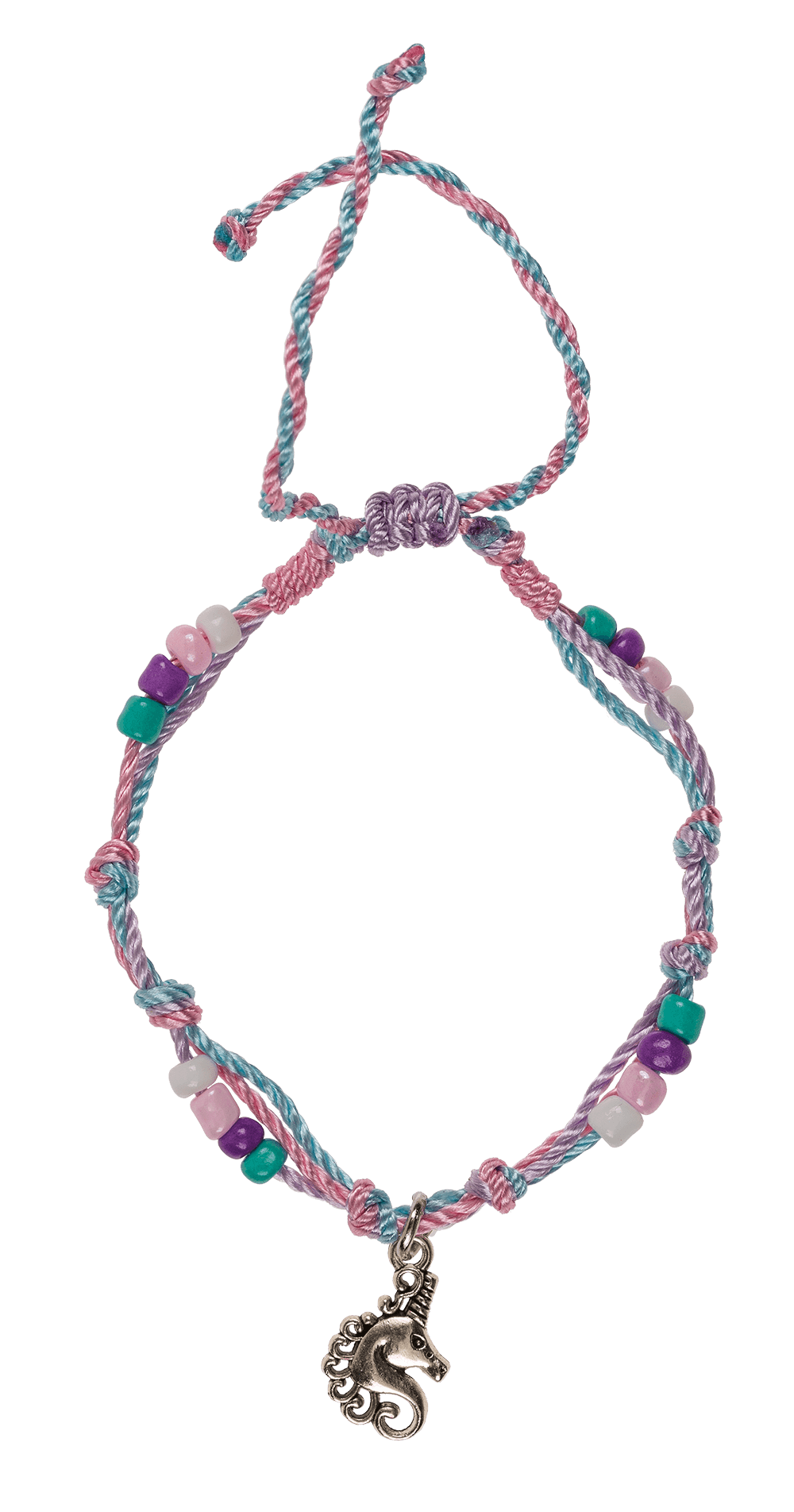 Textile bracelet with glass beads & metal pendant,