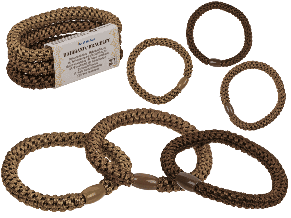76-0445_000.png Textiele haarbanden/armbanden in drie kleuren, verpakt in een papieren hoes, gemaakt van polyester, 14 sets per polybag.