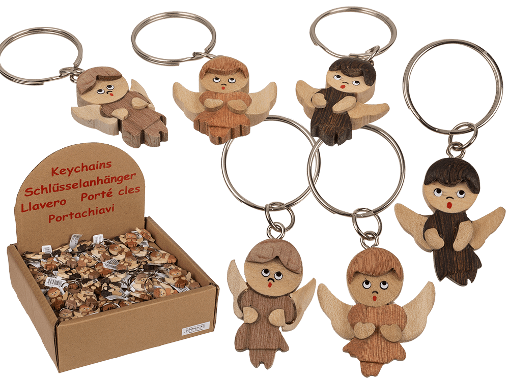 Metal keychain, Natural wood Angel,