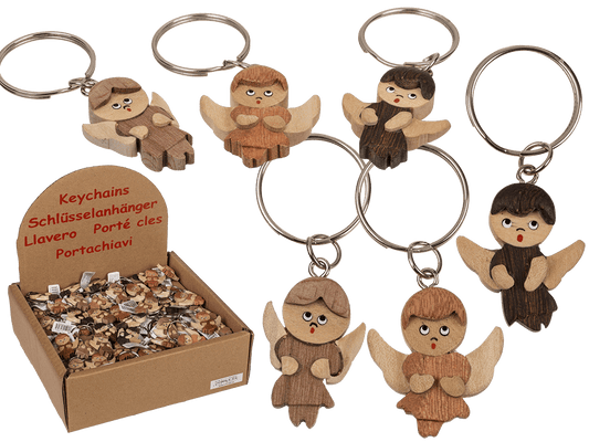 Metal keychain, Natural wood Angel,