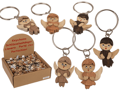 Metal keychain, Natural wood Angel,