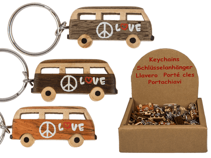 Metal keychain, Natural wood Hippie Van,