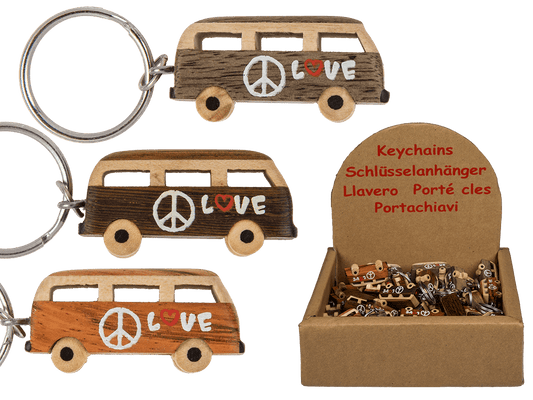 Metal keychain, Natural wood Hippie Van,