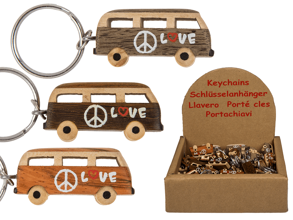 Metal keychain, Natural wood Hippie Van,