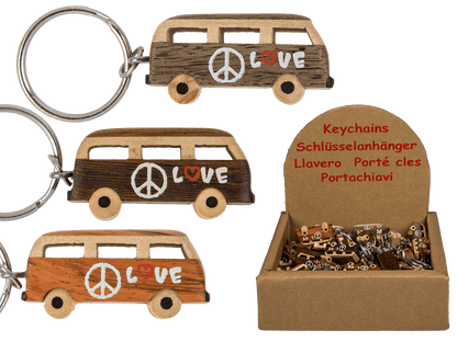 Metal keychain, Natural wood Hippie Van,