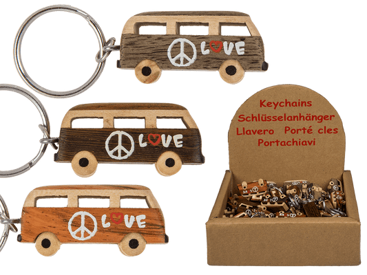 Metal keychain, Natural wood Hippie Van,