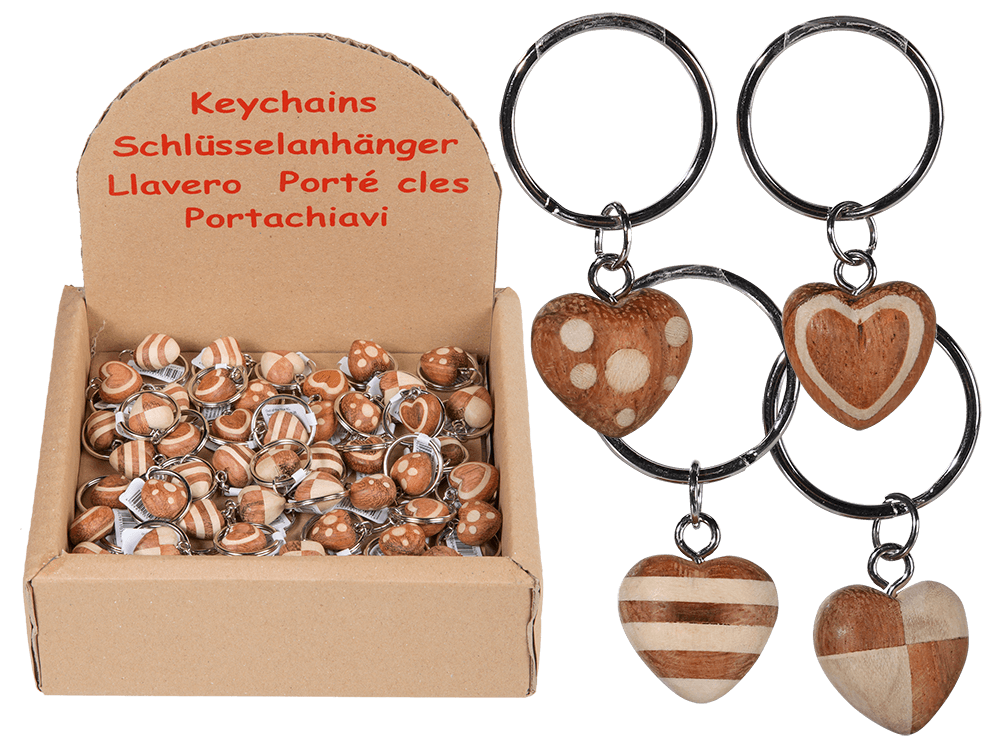 76-0994_000.png Metaal sleutelhangertjes met natuurlijke houten mini harten, 4,5 cm, 4 varianten, 48 stuks per display.